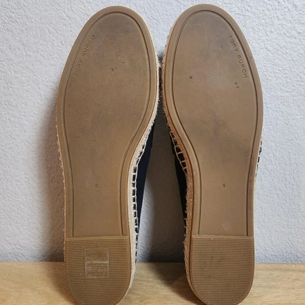Tory Burch Shoes Womens Size 8 Navy Black Espadrille Flats Leather Cap Toe Logo